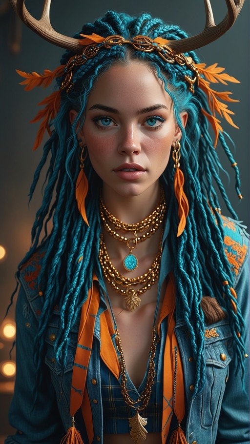 A digital illustration of a young woman with long blue dreadlocks and large deer antlers decorated with orange feathers. She wears layered gold necklaces and feather earrings, looking directly at the viewer.