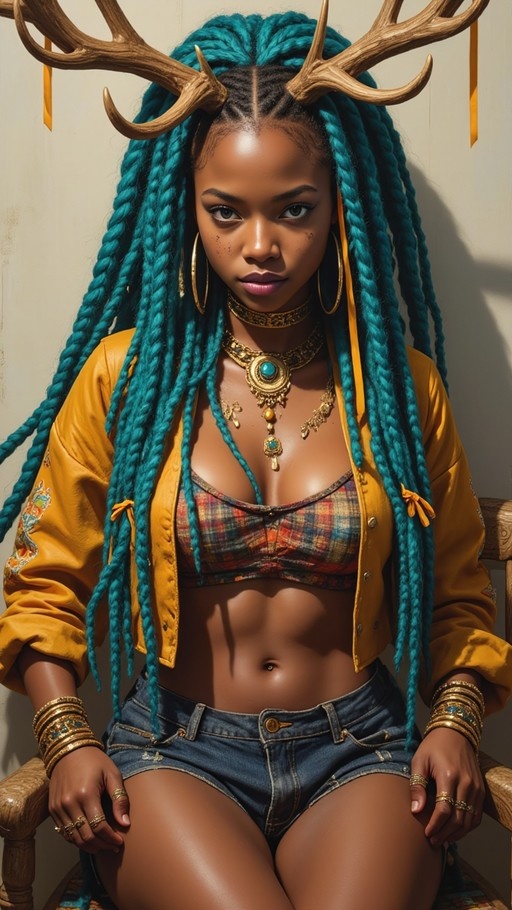 A dark-skinned woman with long teal braids and large antlers sits in a chair wearing a yellow jacket, plaid crop top, and gold jewelry.