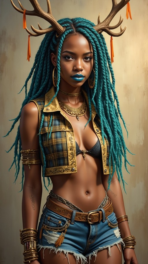 Digital illustration of a dark-skinned woman with teal dreadlocks, large deer antlers, blue lipstick, and gold jewelry.