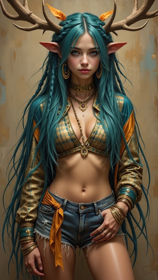 A realistic portrait of a teal-haired fantasy woman with large deer antlers and pointed ears wearing gold jewelry.