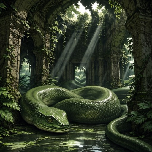 A massive green snake coiled on the wet floor of an ancient ruin with vines and sunbeams.