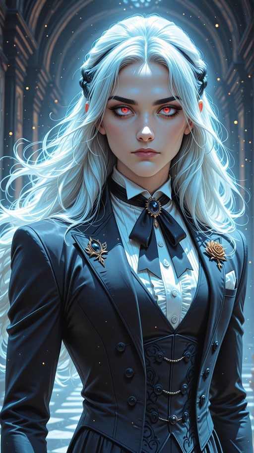 A portrait of a woman with long white hair and red eyes wearing a black formal suit jacket, ruffled shirt, and bow tie in a grand hall setting.