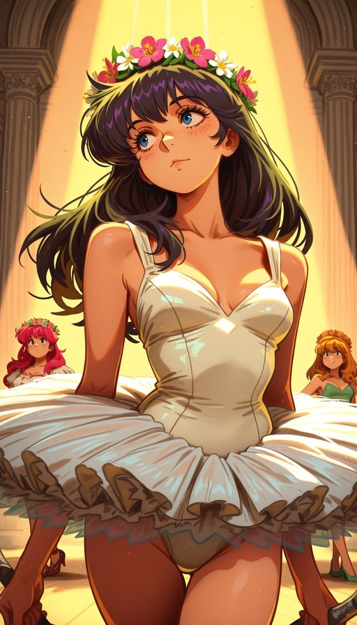 An anime-style illustration of a girl with long dark hair and blue eyes wearing a white ballet tutu and flower crown. Two other girls with pink and orange hair stand in the background of a sunlit hall.