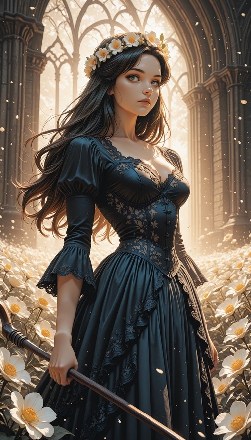 A young woman with a flower crown and long brown hair stands in a sunlit cathedral filled with white flowers, holding a wooden staff while wearing a dark blue dress.