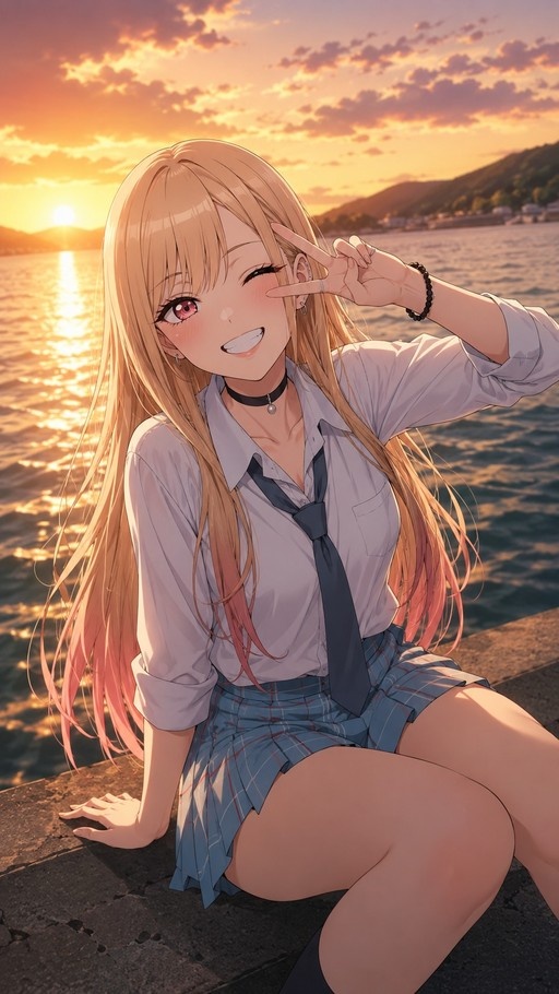 Anime character Kitagawa Marin in a school uniform sits by the ocean at sunset, winking and holding up a peace sign.