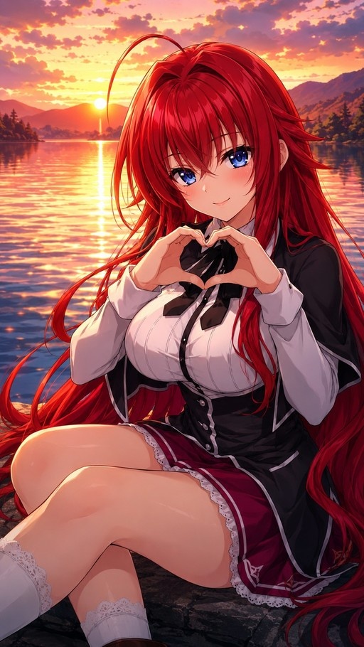 Rias Gremory sits by a lake at sunset forming a heart shape with her hands in a digital illustration