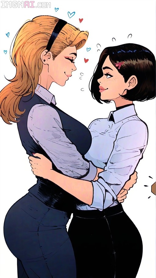 Two women in office clothes hugging with hearts floating around.