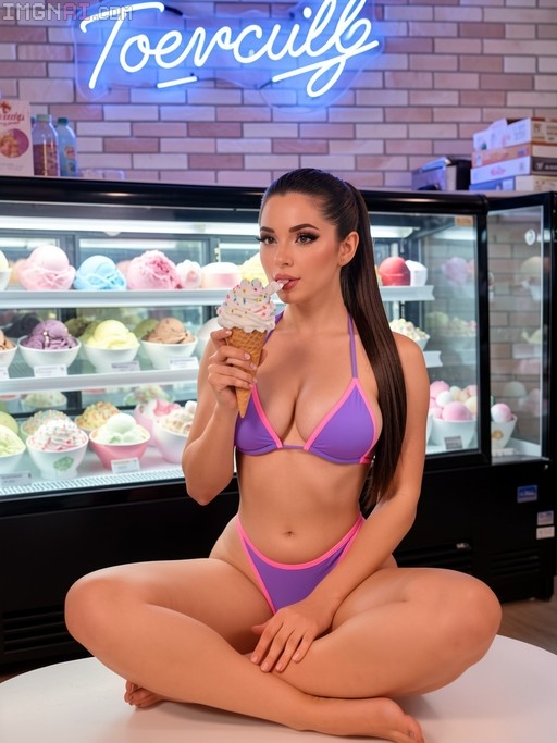Brunette woman in purple and pink bikini sitting cross-legged eating an ice cream cone with sprinkles in front of a display case.