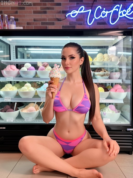 Brunette woman in a pink and purple bikini sitting cross-legged in an ice cream shop holding a cone topped with whipped cream and sprinkles.