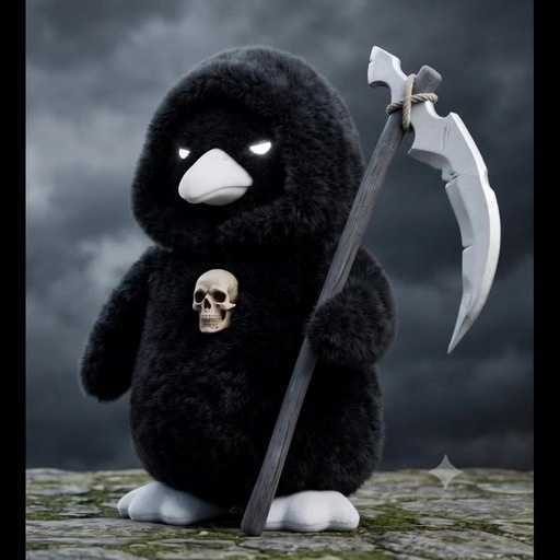 A hooded orange and black cat holding a large scythe stands outdoors crying with white eyes while crows look on under a cloudy sky.