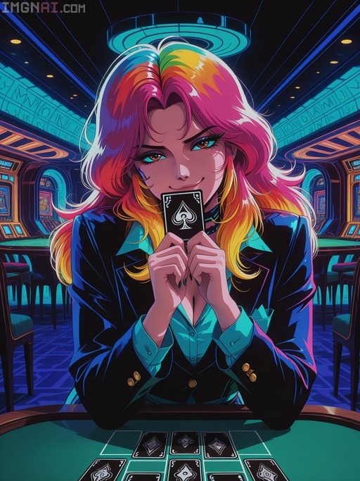 A rainbow-haired anime woman in a black jacket holds an Ace of Spades card at her mouth while sitting at a green casino table with neon lights in the background.