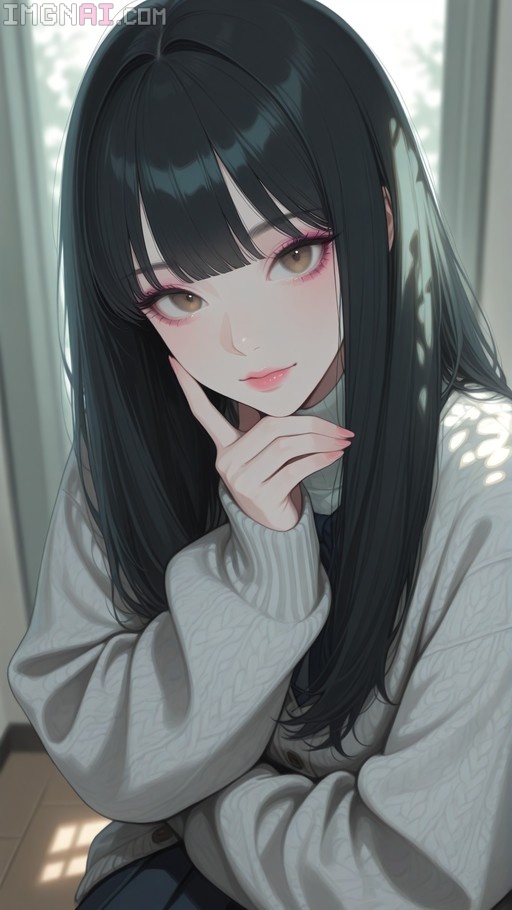 Digital illustration of an anime girl with long black hair and brown eyes wearing a white sweater and resting her hand near her face.