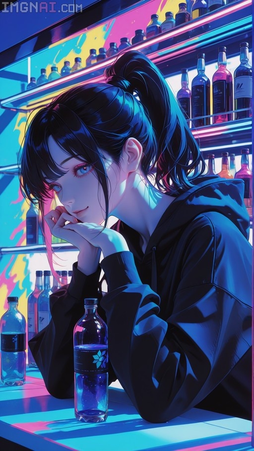 A digital illustration of a young woman with dark hair in a high ponytail and blue eyes, wearing a black hoodie and resting her chin on her hands at a counter with a bottle of blue liquid, set against shelves of bottles lit by vibrant neon lights.