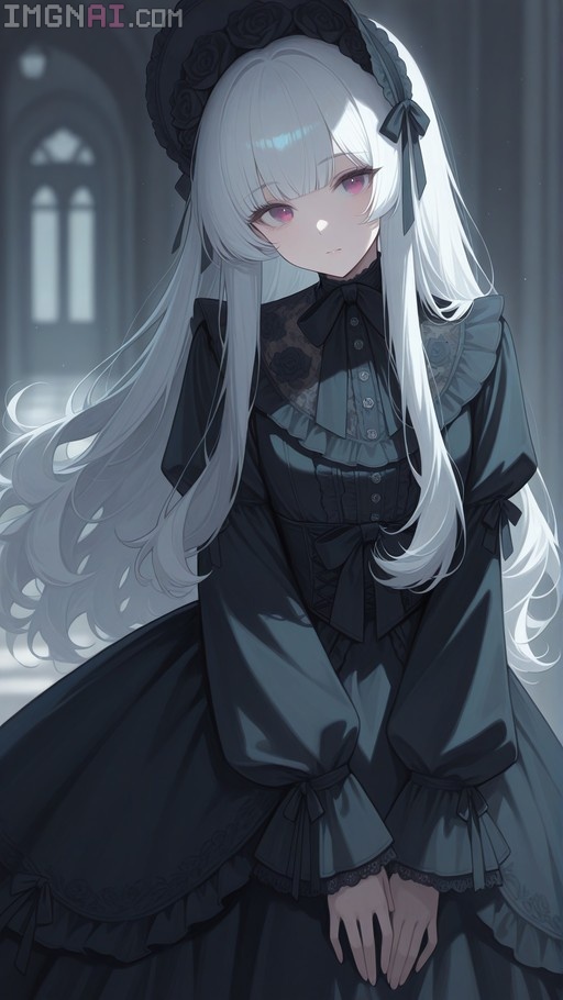 An anime girl with long white hair and pink eyes wearing a black gothic lolita dress and a rose-adorned bonnet.