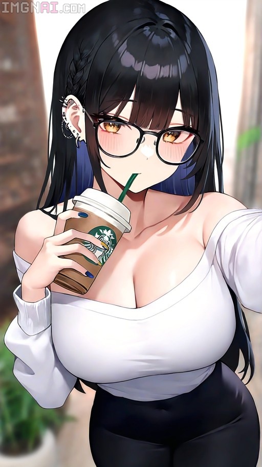 An anime-style illustration of a young woman with long black hair and glasses, wearing a white off-the-shoulder shirt and holding a Starbucks cup while sipping through a green straw.
