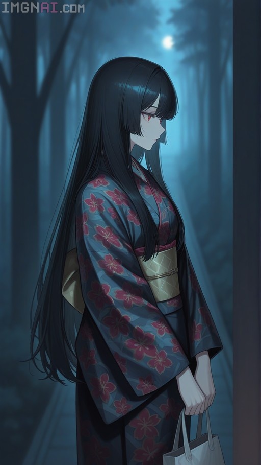 Anime girl with long black hair and red eyes wearing a floral kimono and holding a white bag in a moonlit forest.