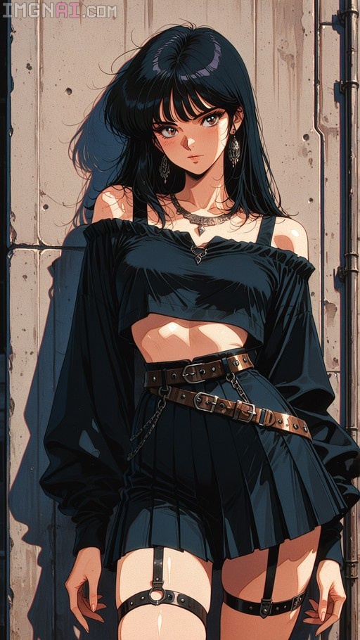 A digital illustration of a young woman with long black hair and brown eyes wearing a black off-the-shoulder crop top, pleated skirt, layered belts, and thigh garters against an industrial background in a retro 1980s anime art style.