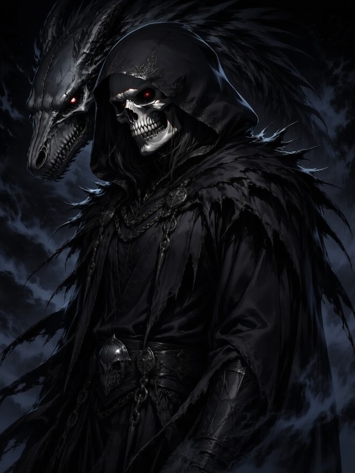 A skeletal figure in a tattered black hooded cloak with glowing red eyes stands beside a large dragon skull against a dark background.