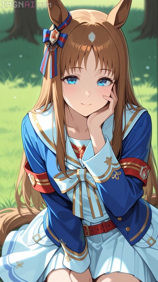 Grass Wonder from Umamusume sitting on the grass in a blue sailor outfit.