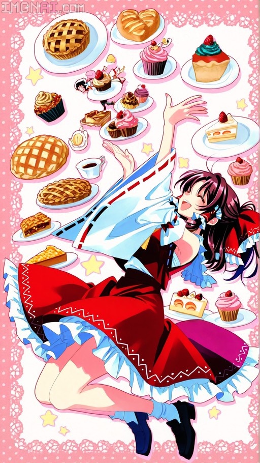 Hakurei Reimu from Touhou Project lying happily amidst floating pies, cupcakes, and pastries in a pink illustrated scene.