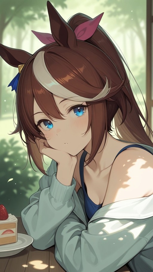 An anime-style illustration of Tokai Teio from Umamusume resting her chin on her hand with a slice of cake nearby.