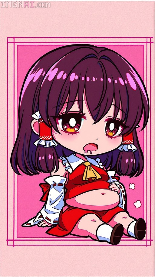 A chibi anime girl with dark hair in pigtails wearing a red and white outfit sits on a pink background, lifting her shirt to show her belly while drooling.