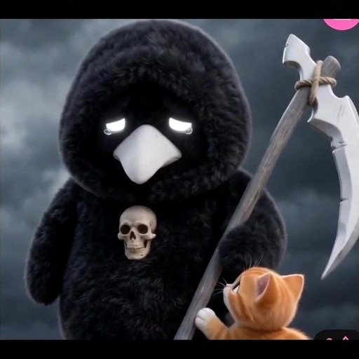 An orange cat in a fur-trimmed hood holds a scythe near a skull and cauldron under a cloudy sky.