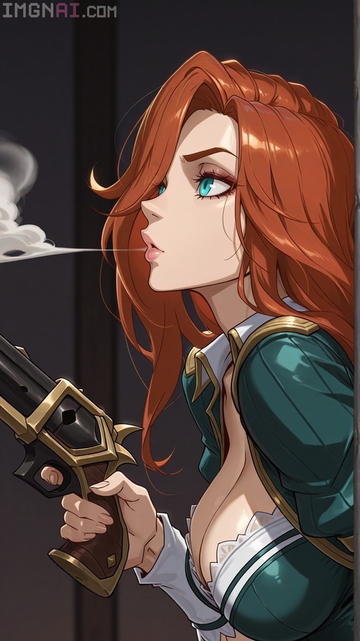Miss Fortune from League of Legends in a side view, giving a side eye while holding a large golden pistol and blowing smoke.