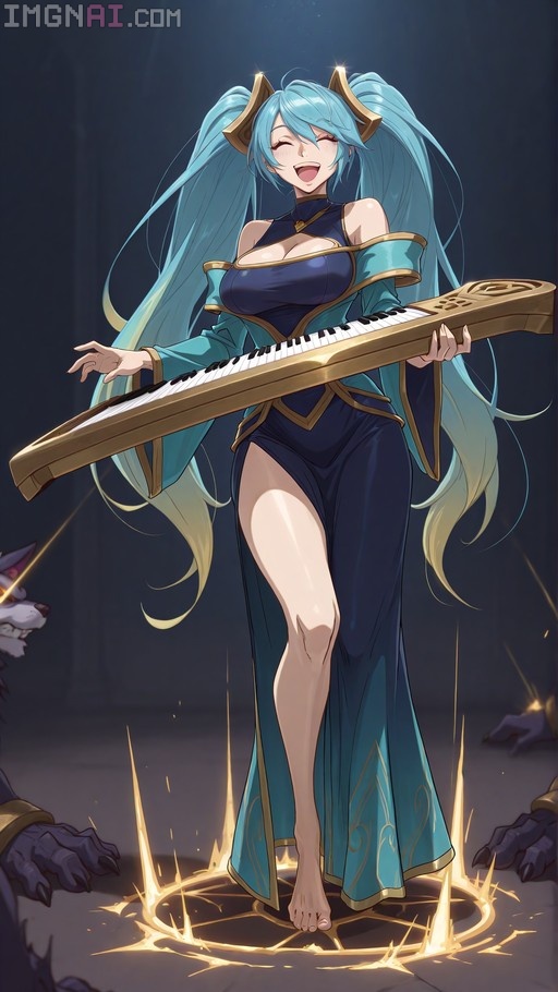 Sona from League of Legends playing a golden keyboard instrument while standing barefoot in a blue dress with gold trim.
