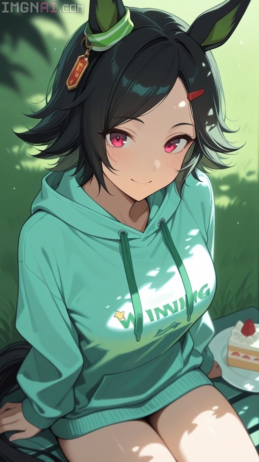 A digital illustration of Winning Ticket from Umamusume sitting on grass wearing a green hoodie with a slice of strawberry shortcake nearby.