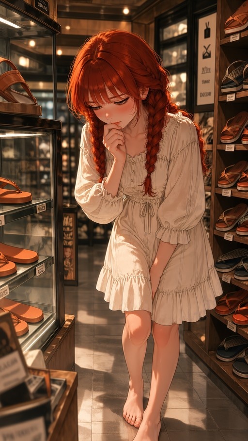 Red-haired anime girl in a white dress standing barefoot in a shoe store