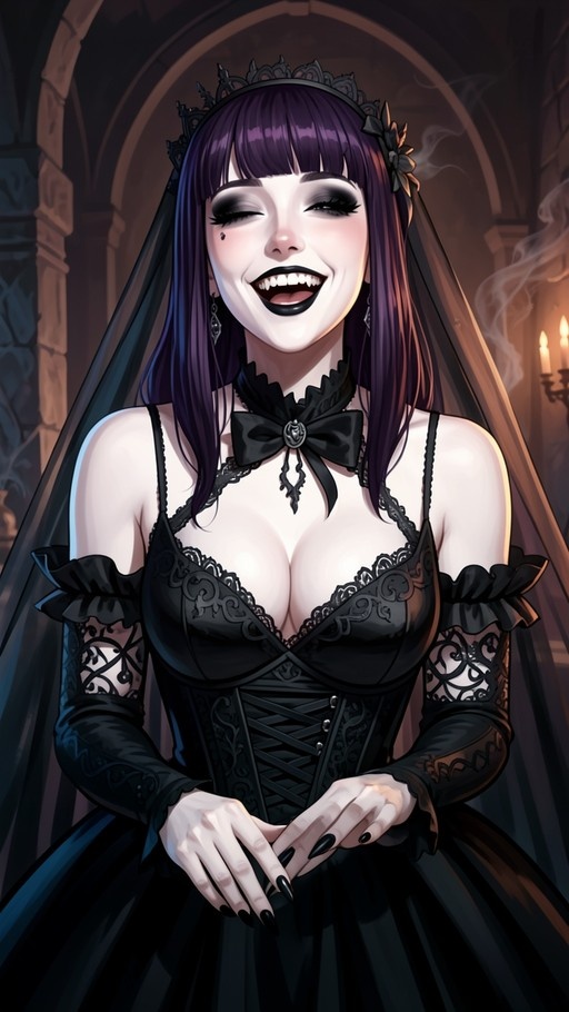 A digital illustration of a laughing vampire bride with long purple hair, wearing a black lace wedding gown and veil in a candlelit stone hall.