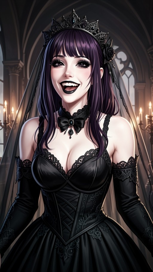 A smiling vampire bride with purple hair and fangs wearing a black wedding dress and tiara in a church.