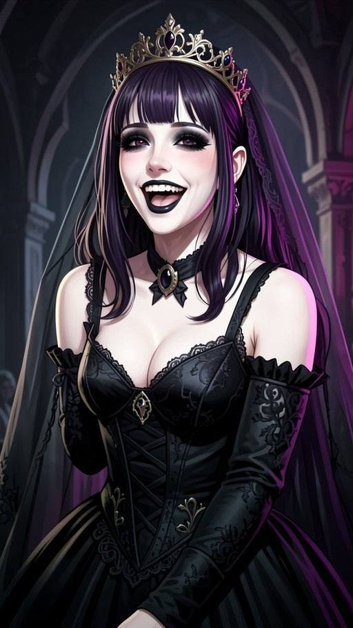 A gothic vampire bride with long purple hair and black lipstick smiles to show her fangs while wearing a black wedding dress, veil, and tiara.