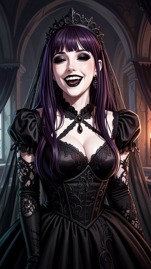 A portrait of a smiling vampire woman with long purple hair wearing a black lace wedding dress and a tiara, showing her fangs.