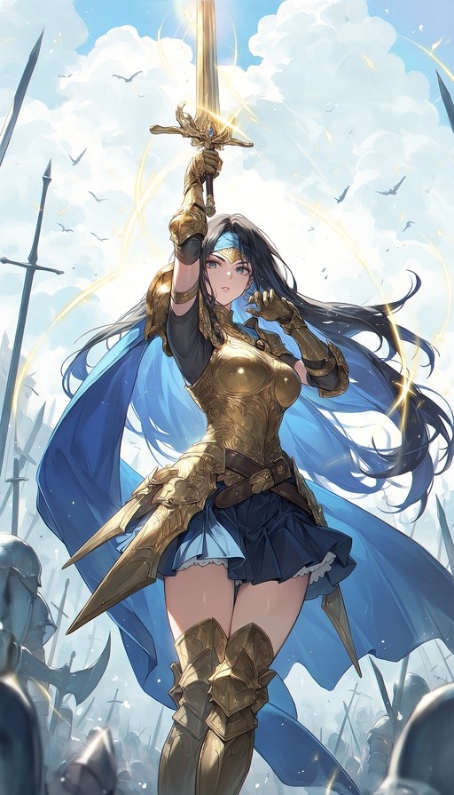 An anime-style female warrior with long black hair and blue eyes stands ready in ornate golden armor and a flowing blue cape. She raises a large sword high above her head against a bright, cloudy sky filled with birds.