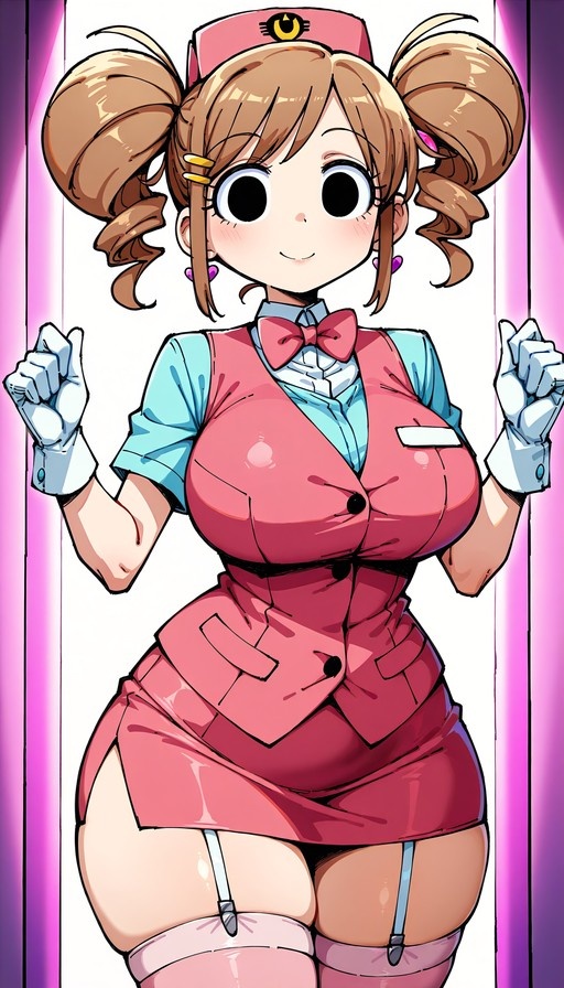An anime-style illustration of a smiling girl with brown twin drills wearing a pink nurse uniform, white gloves, and pink thigh-high socks.