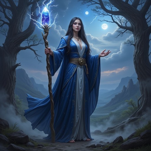 A fantasy illustration of a barefoot woman in a blue robe holding a staff with a glowing blue crystal under two moons.