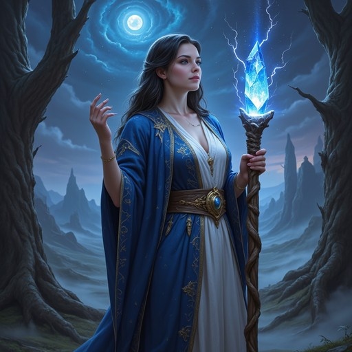 A female mage in blue robes holds a glowing crystal staff emitting lightning under a full moon.