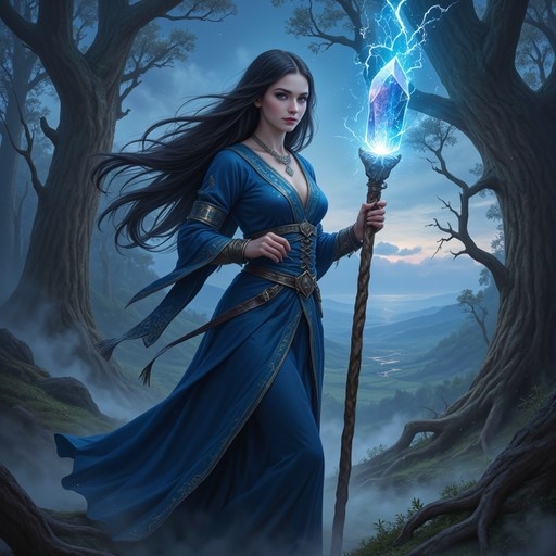 A young woman with long dark hair in a blue fantasy gown holds a staff with a glowing blue lightning-crystal in a misty forest setting.