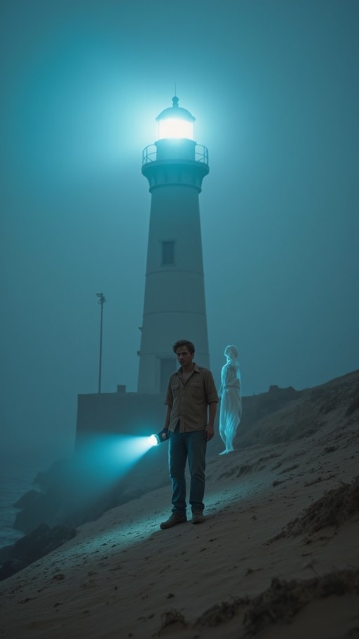 A man holding a flashlight stands on a sandy slope at night near a glowing lighthouse, while a translucent ghostly figure stands nearby in the fog.