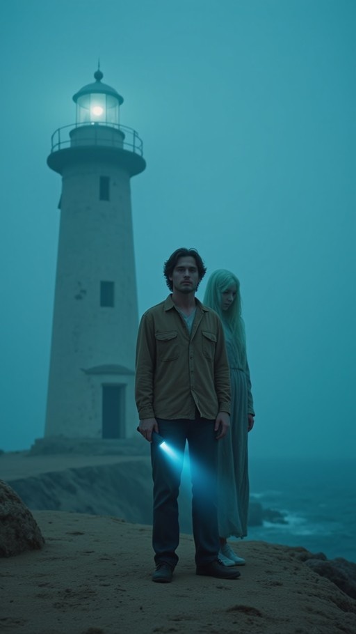 A bearded man holding a glowing blue light stands on a rocky shore in front of a foggy lighthouse with a pale woman behind him.