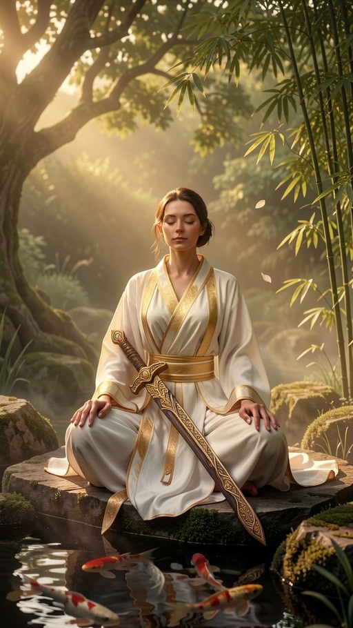 A woman in a white and gold robe sits cross-legged on a rock with her eyes closed and an ornate sword across her lap, while koi fish swim in the pond below amidst bamboo and trees.