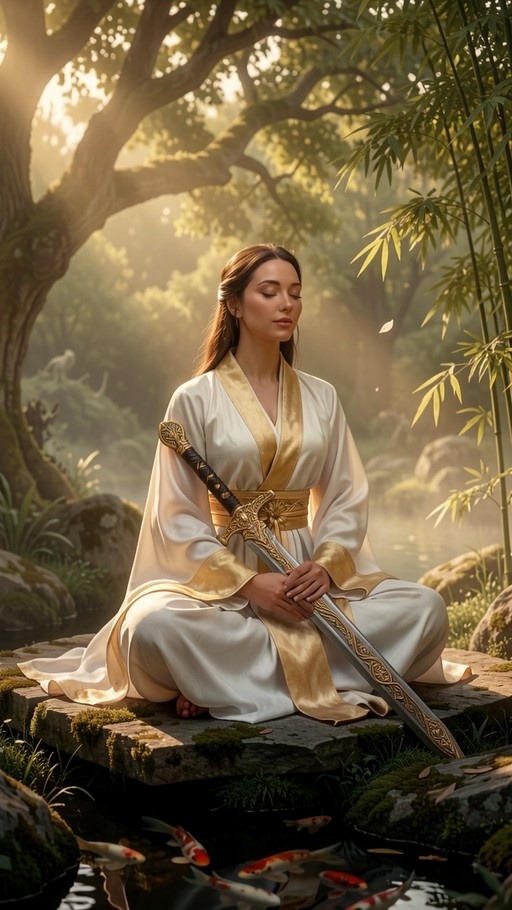A woman in a white and gold robe sits cross-legged holding an ornate sword while meditating near a pond with swimming koi fish in a sunlit forest.