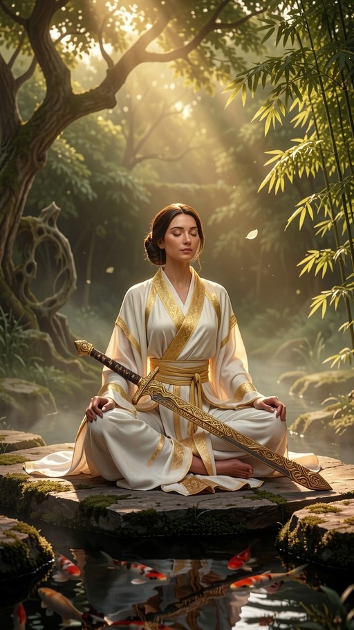 A woman in a white and gold robe sits cross-legged on a rock holding an ornate sword, meditating by a pond with koi fish in a sunlit forest.