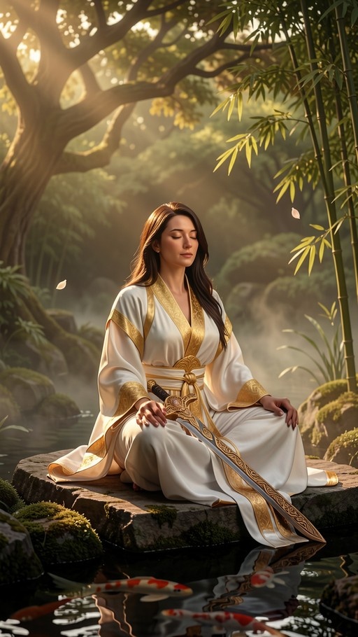 A woman in a white and gold robe sits meditating on a rock with a sword across her lap, overlooking a pond with koi fish in a bamboo forest.