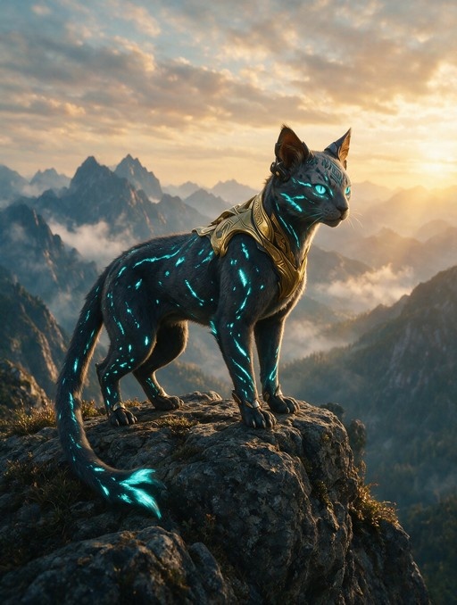 A grey fantasy cat with glowing cyan markings and golden armor stands on a rocky peak overlooking misty mountains at sunset.