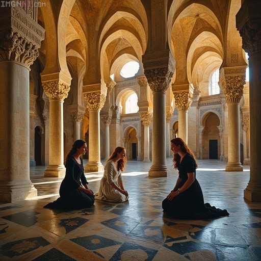 Three women in long dresses kneeling on a geometric tile floor inside the Cathedral of Córdoba with its distinctive arched columns.