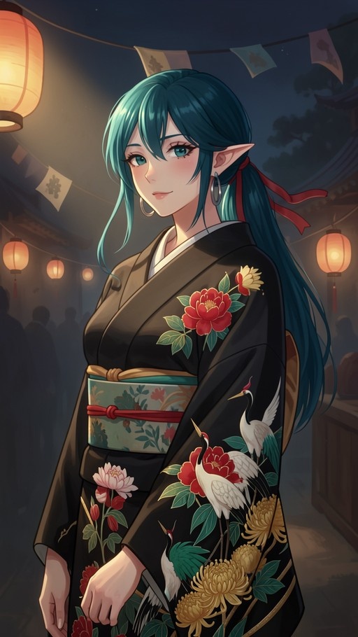 A teal-haired elf woman in a black kimono with crane and flower patterns stands under paper lanterns at night.