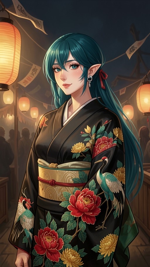 A teal-haired elf with pointed ears smiles gently while wearing a black kimono decorated with red flowers and cranes, standing under glowing lanterns at a night festival.